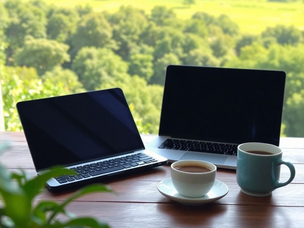 Birou acasă cu laptop și plante verzi în fundal.