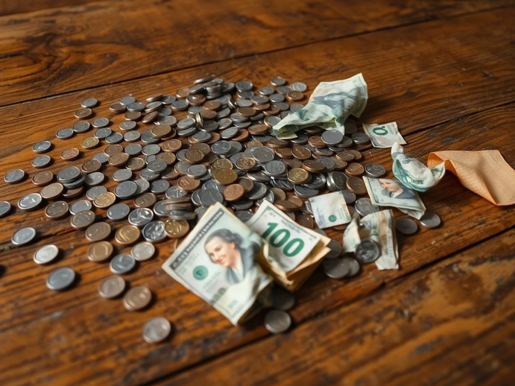 Monede și bancnote în dezordine pe o masă