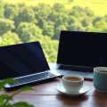 Birou acasă cu laptop și plante verzi în fundal.